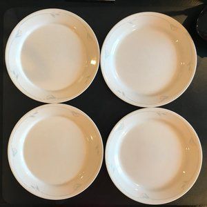 4 VINTAGE CORELLE WINDFLOWER DINNER PLATES, BEIGE W/ PEACH FLOWER, RETIRED
